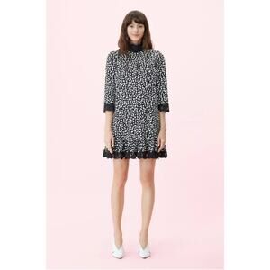 Rebecca Taylor La Vie Black White Leopard Cotton Mini Dress Lace Trim Sz M NWT